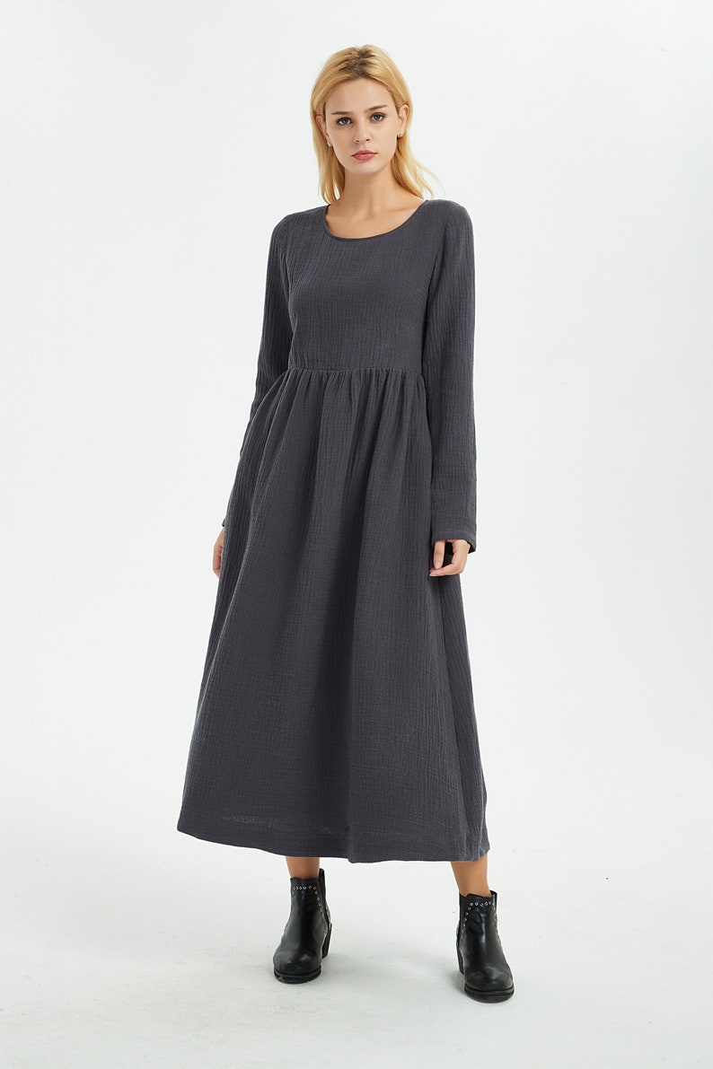 long Linen dress with pockets autumn winter outfit C1368 Casual linen dress Gray dress Maxi Linen dress Linen dress women linen dress