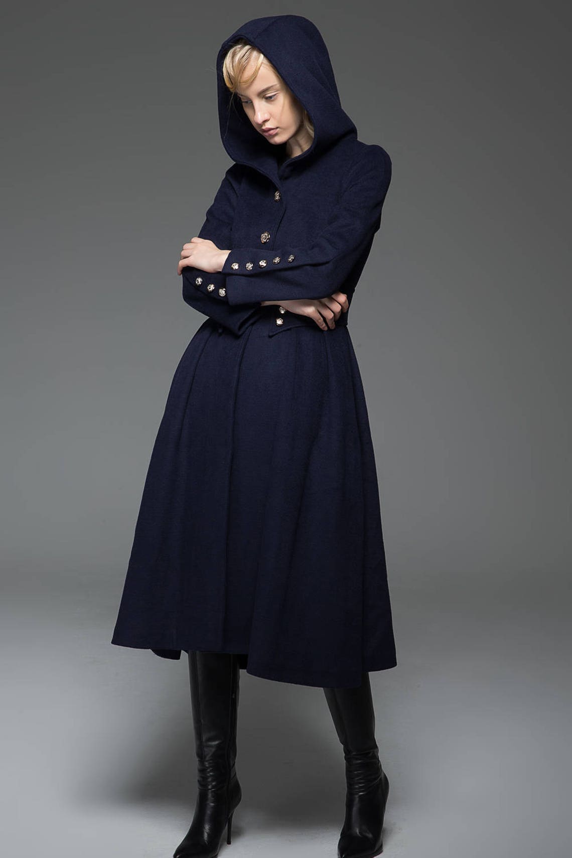Navy Military Style Coat Long Modern Dark Blue Hooded Winter Etsy