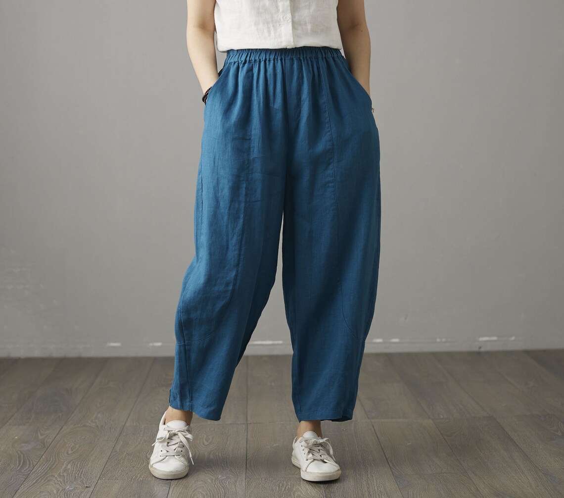Blue Linen pants Cropped Pants Casual Cotton Linen Trousers | Etsy