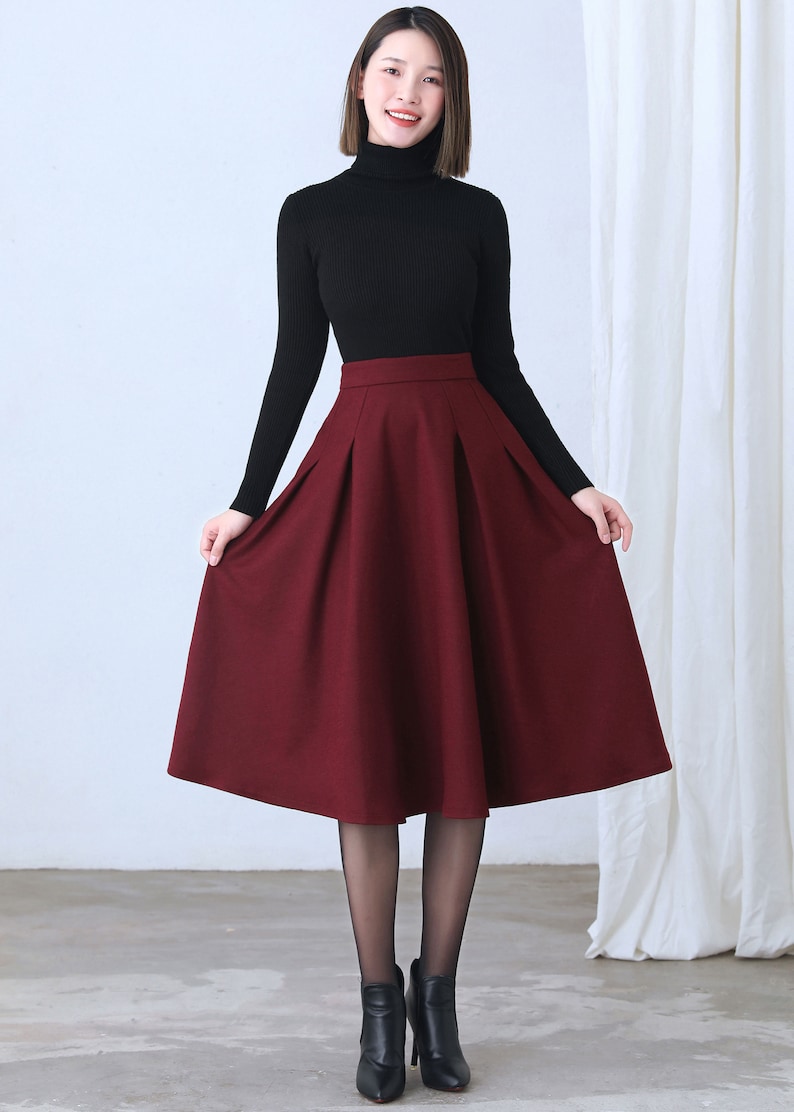 Wool skirt, Red Midi Wool Skirt, A Line wool Skirt, High Waist wool Skirt with Pockets, Womens skirt, Winter wool skirt, Ylistyle C2635 image 2