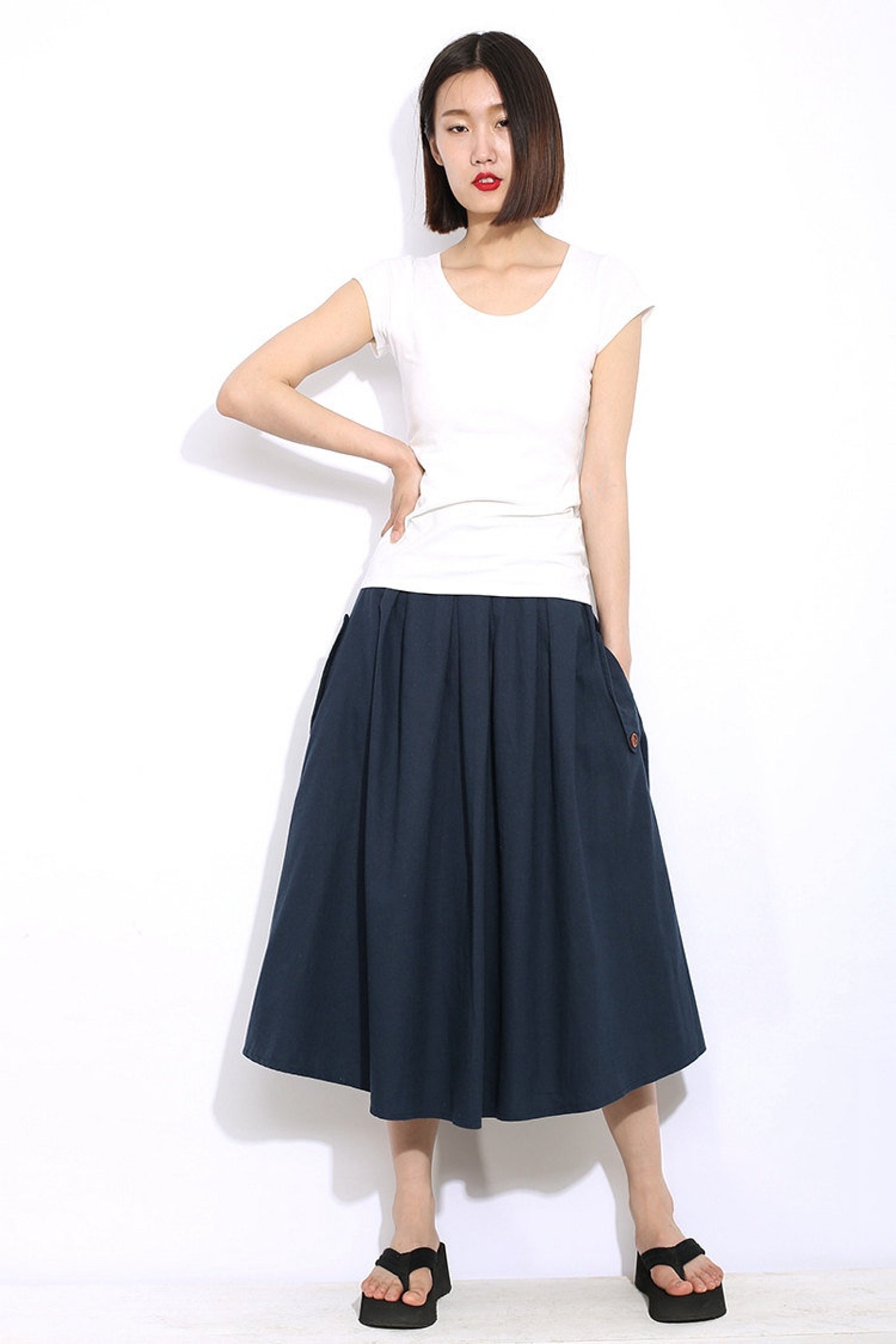 Linen Skirts Aline Pleated Elastic Waist Skirt Flared Midi Etsy