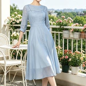 Blue Linen Midi Dress: Pleated Neckline Swing Dress, Ylistyle C5475 image 7