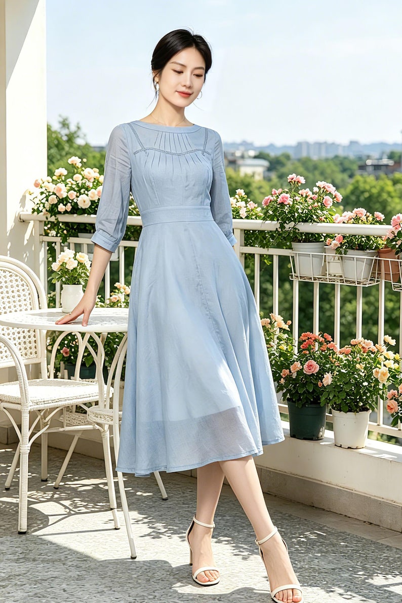 Blue Linen Midi Dress: Pleated Neckline Swing Dress, Ylistyle C5475 image 7