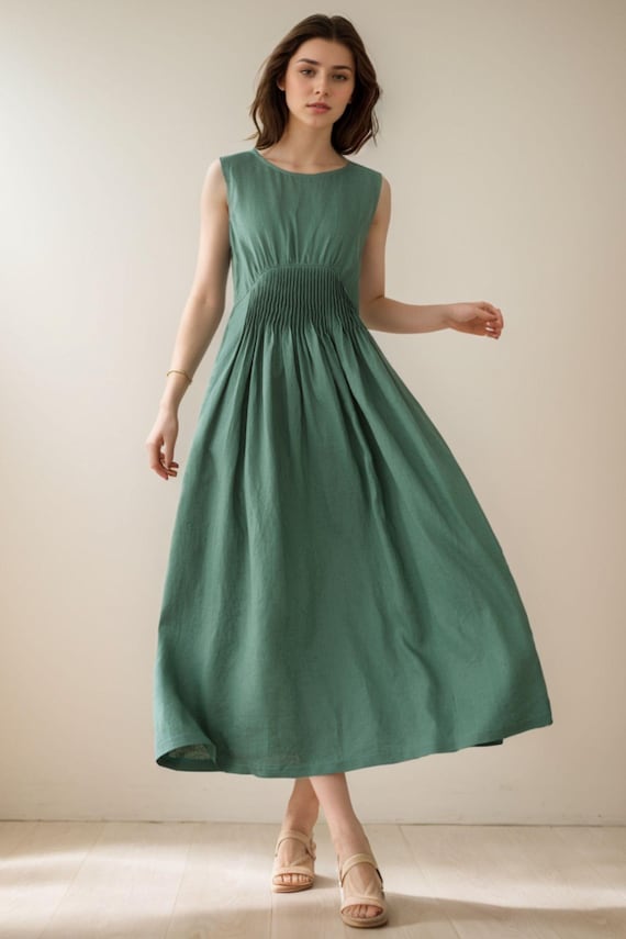 casual green summer dresses for women Sleeveless maxi linen dress C3952 ModelID: 240
