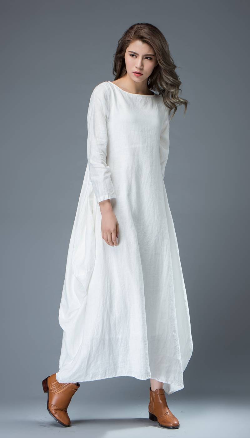 White dress linen dress long linen dress maxi dress casual | Etsy
