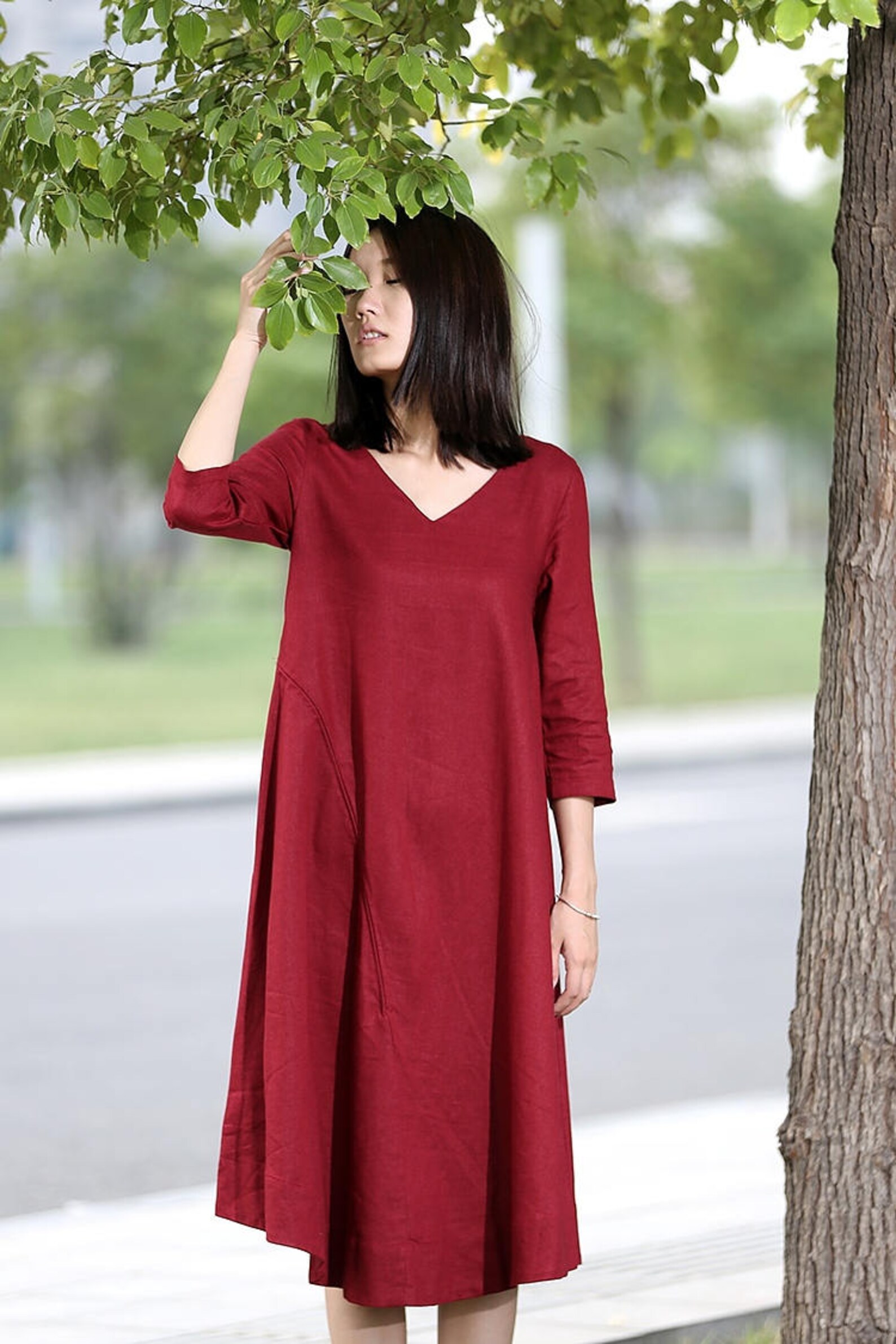 Red Linen Dress Midi Length Loosefitting Plus Size Vneck Etsy