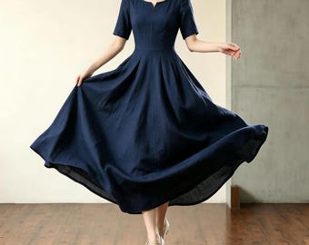 Navy Blue Linen Fit and Flare Dress, Women Casual Dress, Summer Swing Dress,  Weekend Outfits , Custom Dress, Ylistyle C5612