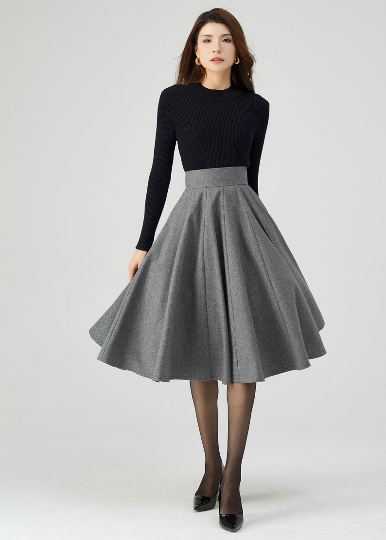 Knee Length Skirt, Wool Skirt Women, Skater Skirt, Pleated Wool Skirt, Gray Skirt, Autumn Skirt, High Waisted Skirt, Made to Order C3549 image 4