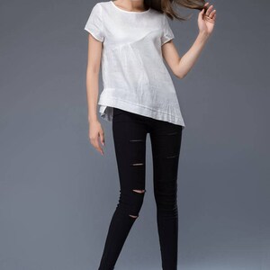 T-shirt en lin blanc, T-shirt irrégulier, col rond, T-shirt ample, T-shirt décontracté pour femme C949 image 7