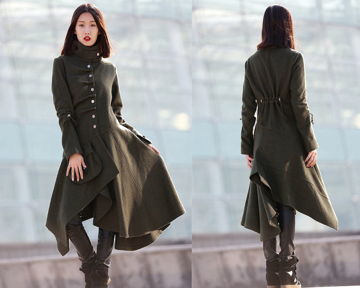 Army Green Asymmetrical Swing Wool Coat Women, Stylish Gothic Coat