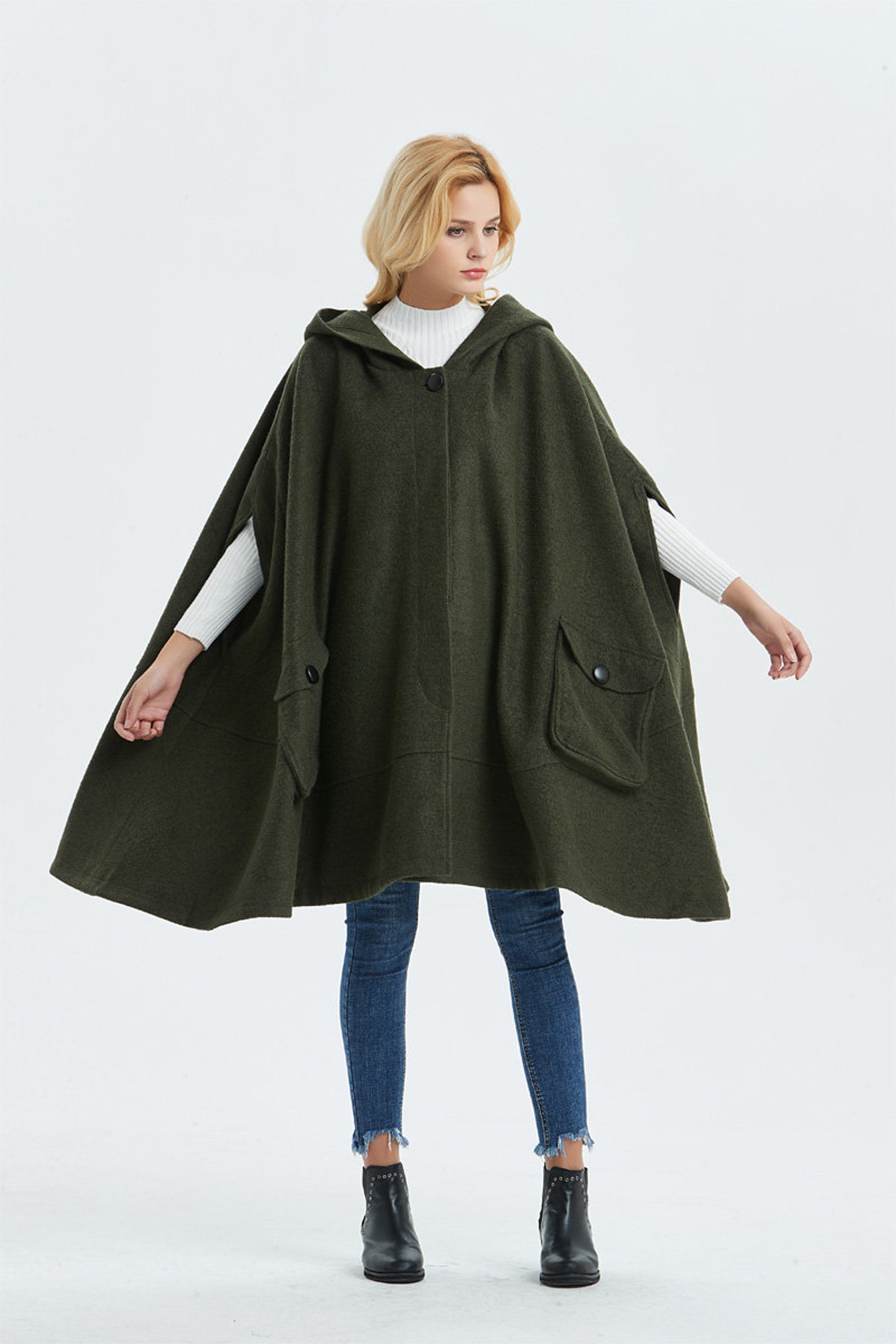 Green Winter Wool Cloak With Hood Women Long Hooded Wool Cape | Etsy