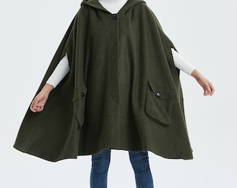 Hirigin Womens Long Cape Cloak Hooded Cloak Wool Blend Coat Sleeveless Winter Cardigan Warm Cosplay Fashion Cool, Women's, Size: Small, Green