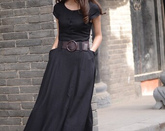 Maxi Linen dress, black dress, Long Linen dress, womens dresses, Casual linen dress, Linen shirtwaist dress, asymmetrical dress C1568