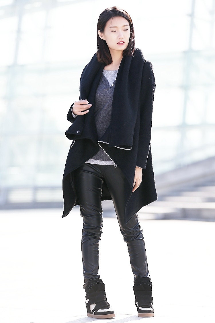 Winter Wool Coat, Cowl Neck Wool Coat, Asymmetrical Wool