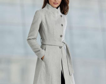 Office wear, Gray Asymmetrical Wool Coat, Womens Winter Wool Coat, A-line Warm Outwear, Belted Wool Coat, Handmade Coat, Ylistyle C4960#