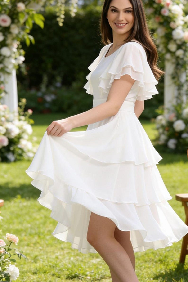May include: A white, tiered dress with ruffled sleeves and a high-low hemline. The dress features a fitted bodice and a flowing skirt. The model is holding the skirt, showcasing the dress's design. The background includes greenery and floral decorations.