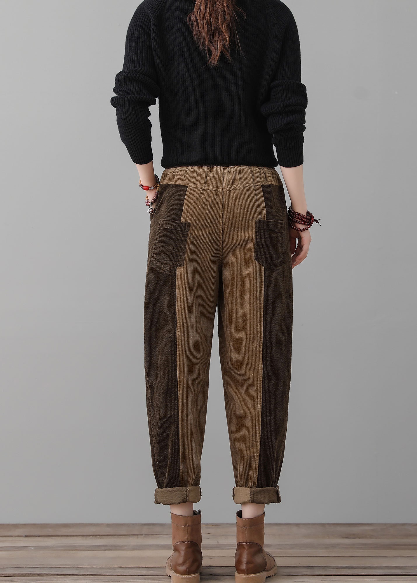 Vintage Inspired Brown Loose Fit Corduroy Pants Women, Wide