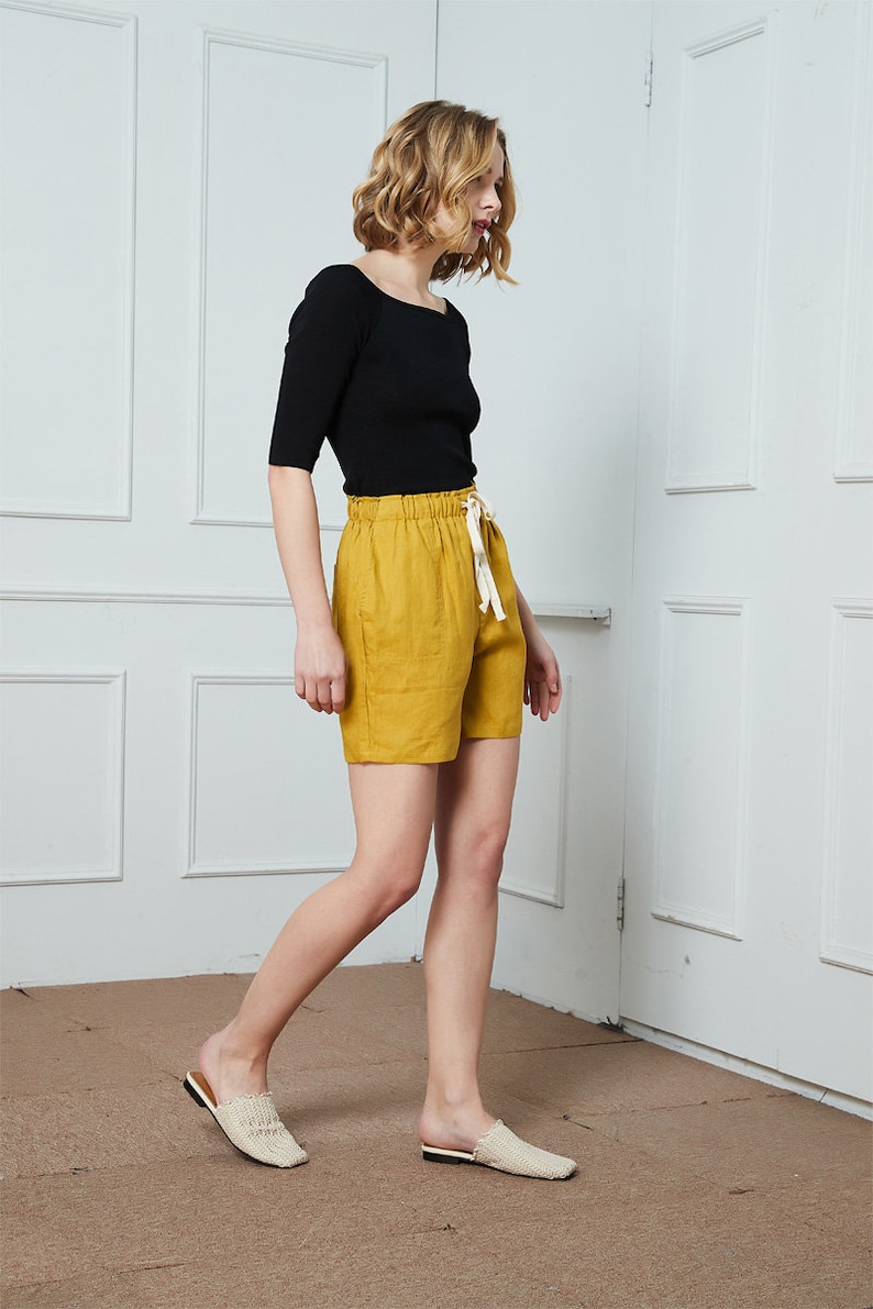 Summer Womens Shorts pockets shorts C1394 linen Casual Shorts yellow shorts Linen Drawstring Shorts Elastic Waist Shorts Linen shorts