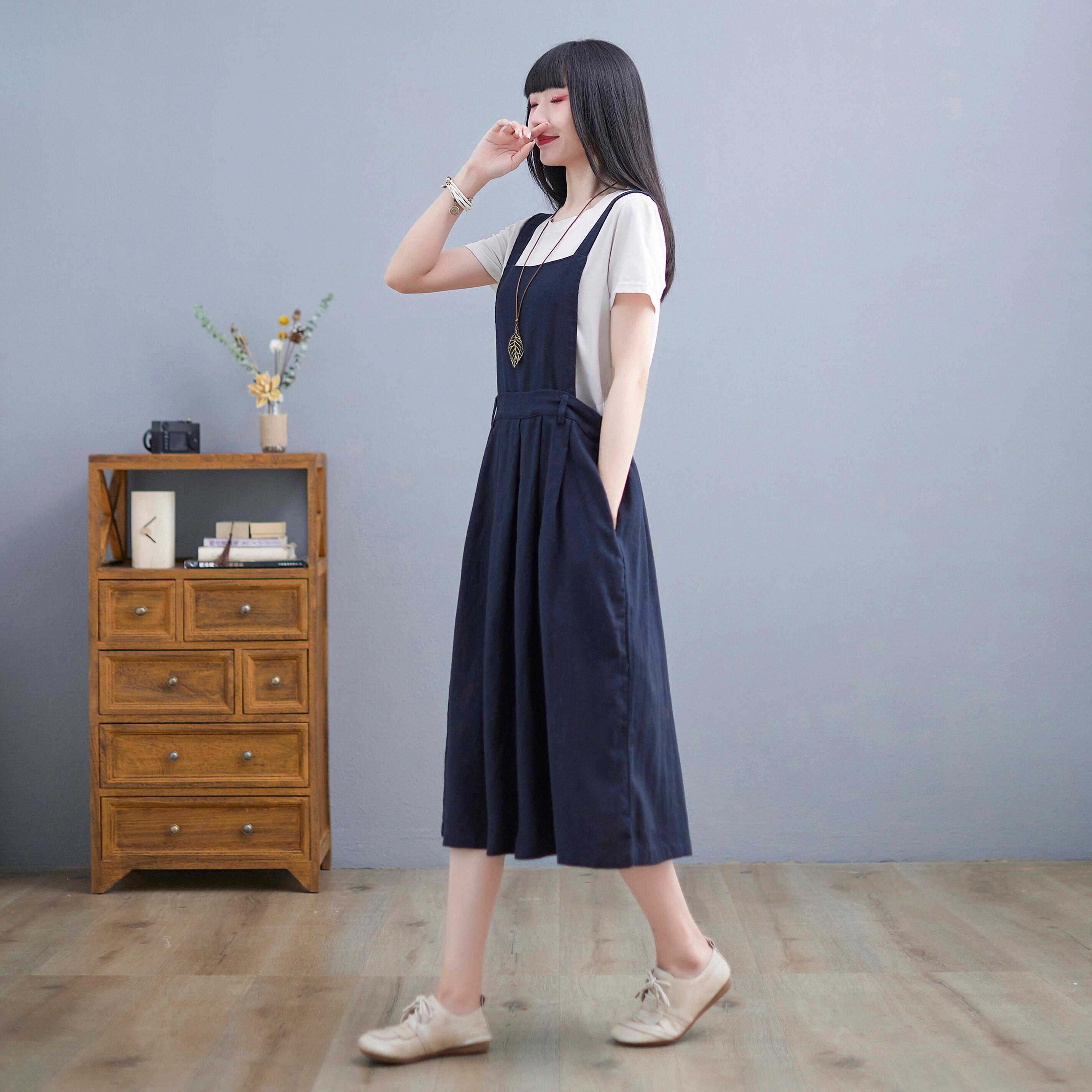 Linen Pinafore Dress, Linen Midi Dress, A Line Pinafore