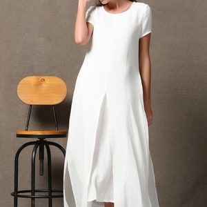 Short sleeve White maxi linen dress for women, summer cotton linen solid casual side slit ankle dress with pockets plus size C534 image 8