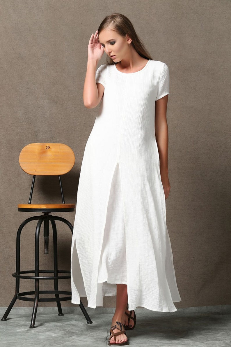 Short sleeve White maxi linen dress for women, summer cotton linen solid casual side slit ankle dress with pockets plus size C534 image 8