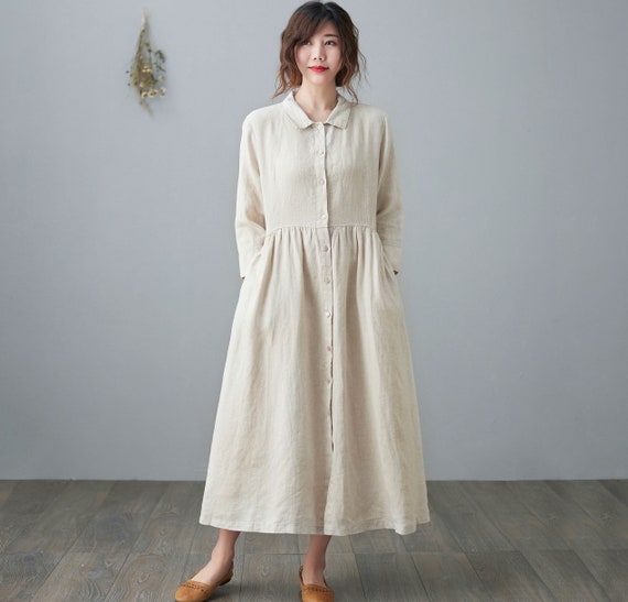 Women's Midi Linen Shirt Dress, Belted Long Linen Dress, Casual 3