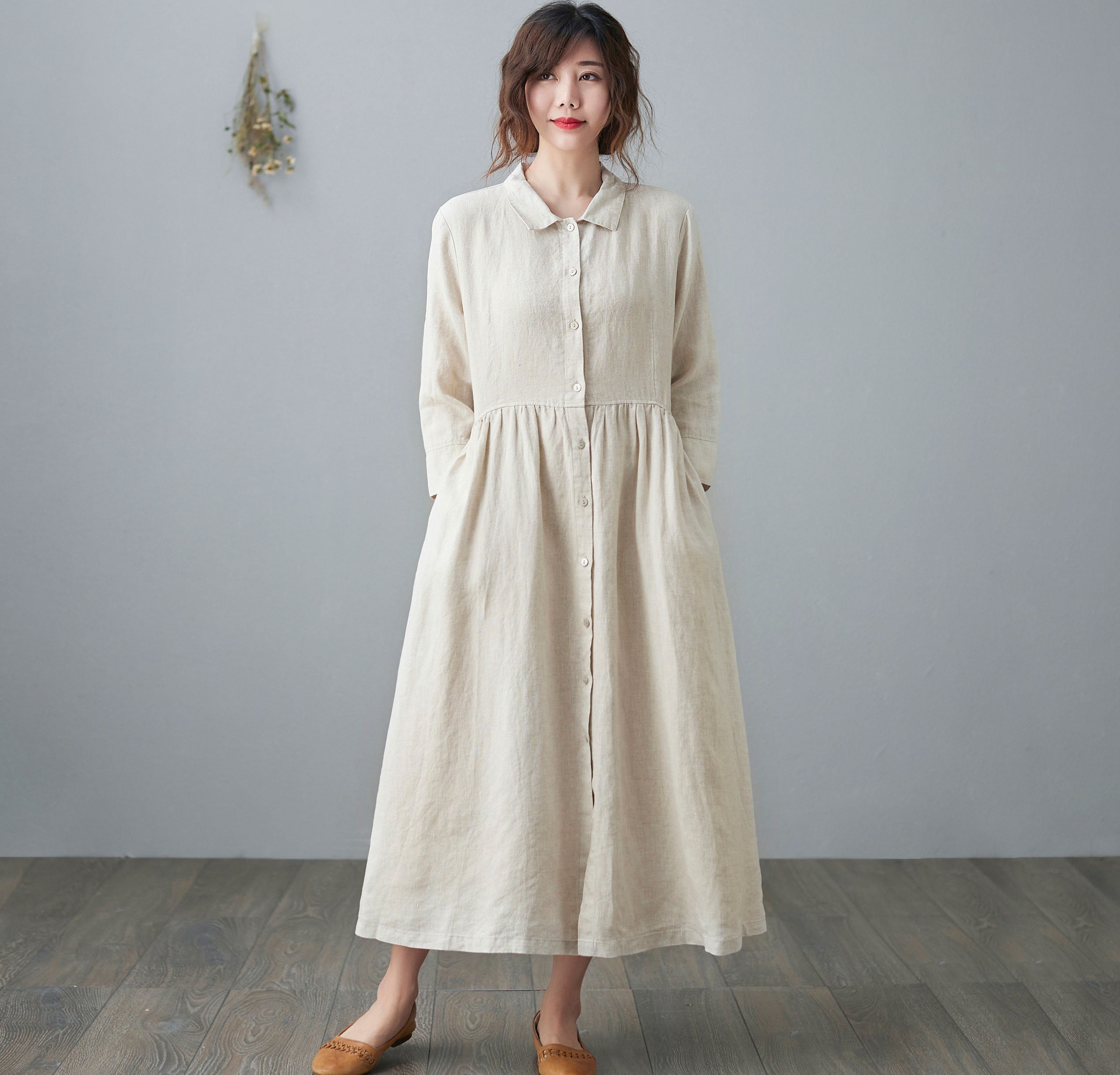 Women's Midi Linen Shirt Dress, Belted Long Linen Dress, Casual 3