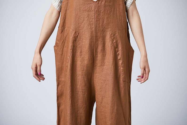 Baggy brown summer linen harem overalls women oversized | Etsy