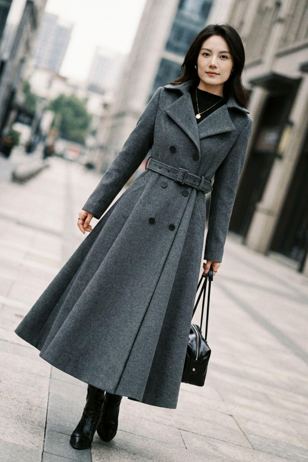 Gray Wool Maxi Coat: Long Double-breasted Belted Winter Trench