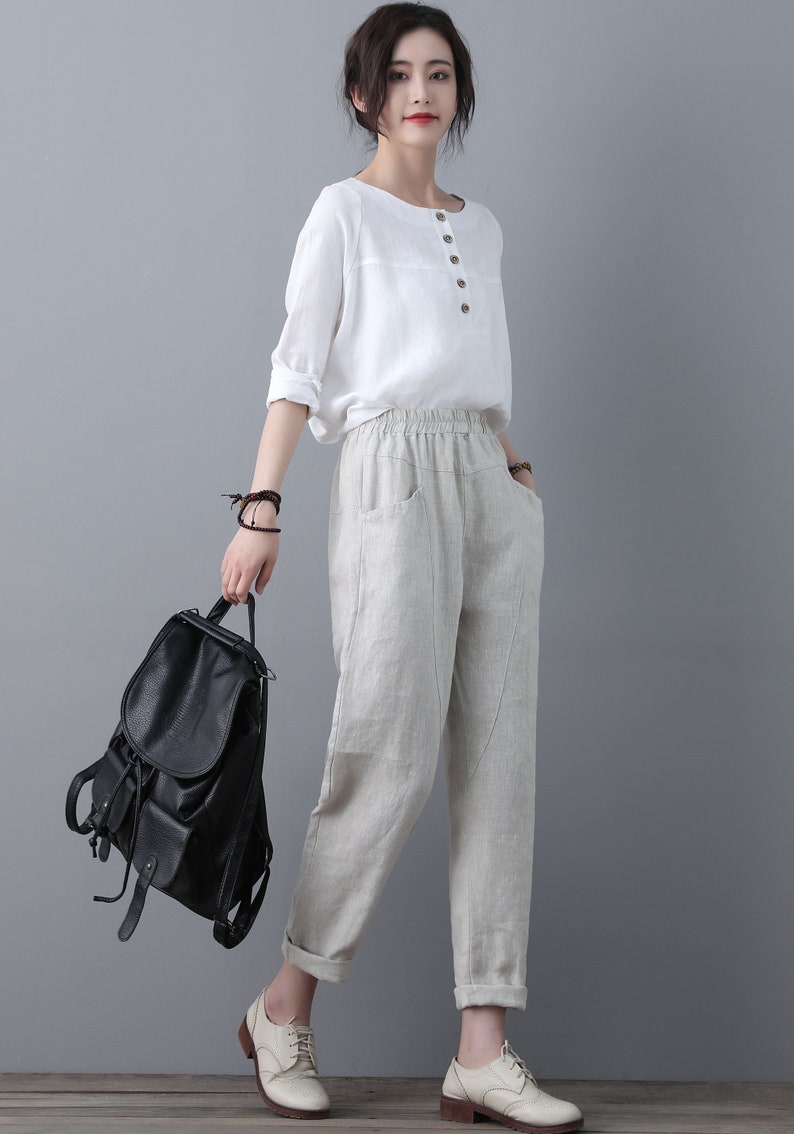 Women Elastic Waist Linen Pants Casual Minimal Cropped Etsy Canada