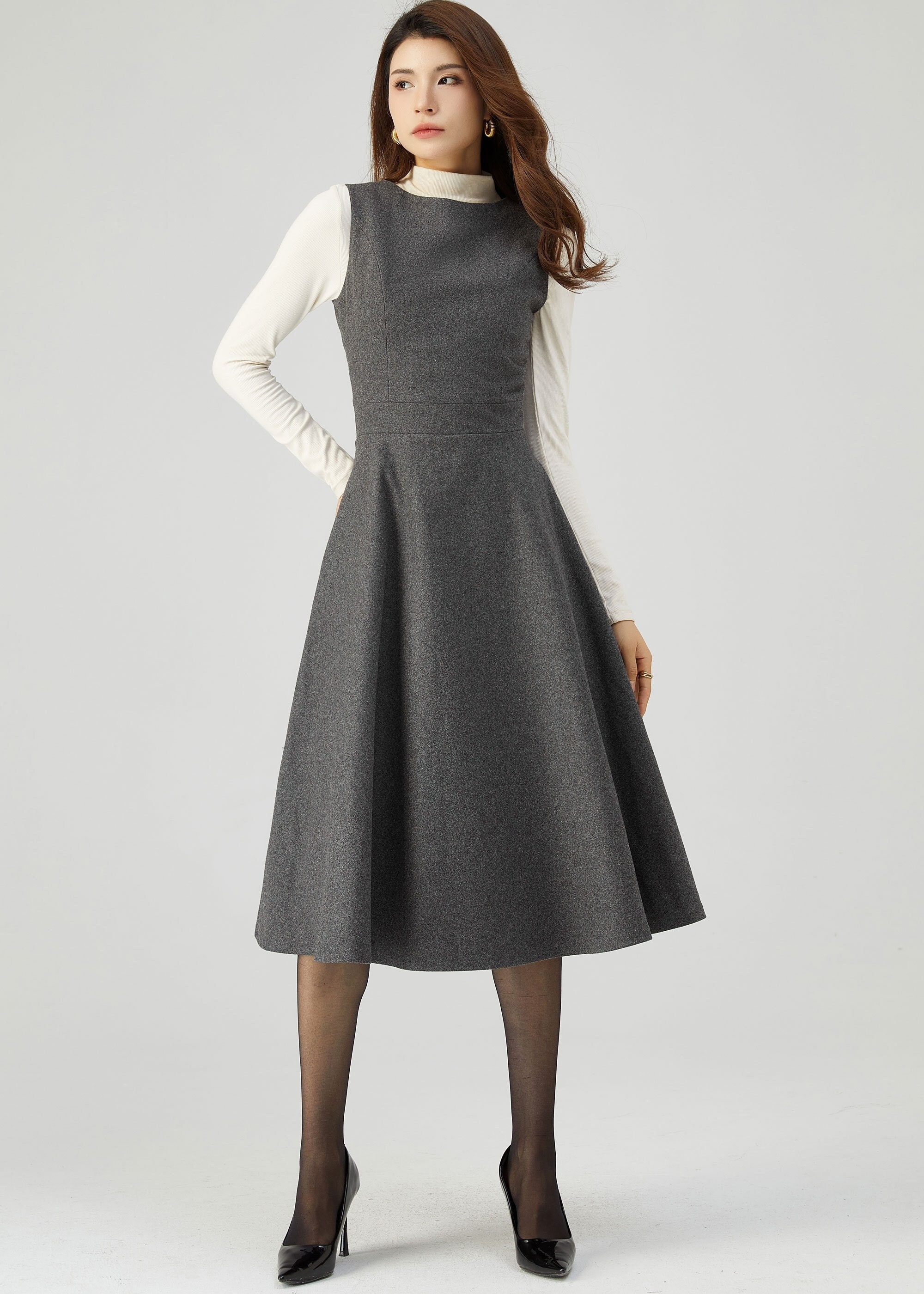 Wool Pinafore Dress, Gray Wool Dress, Sleeveless Wool Dress