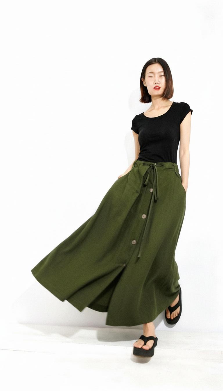 Button Down Linen Maxi Skirt, Womens Linen Skirt, Army Green