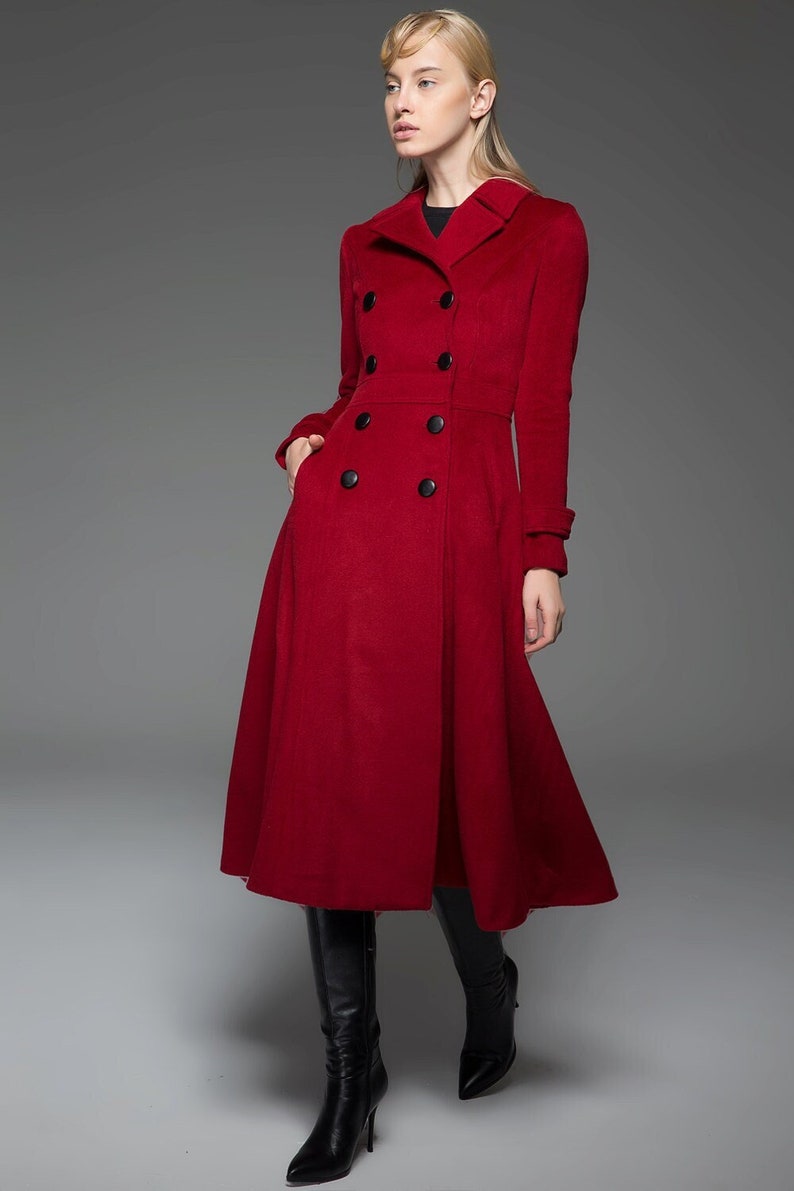 Classic Red Coat Wool Long Full Length Fitted Slim Tailored Double-Breasted Woman's Coat with Black Buttons & Double Lapels C741 image 1