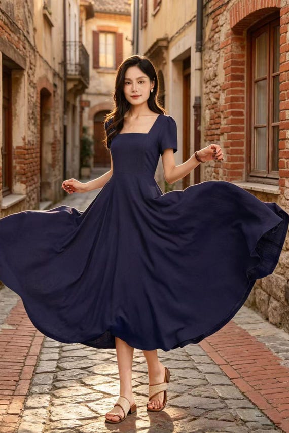 navy cotton dress womens Navy Blue Stretch Organic Cotton Long Sleeve Dress