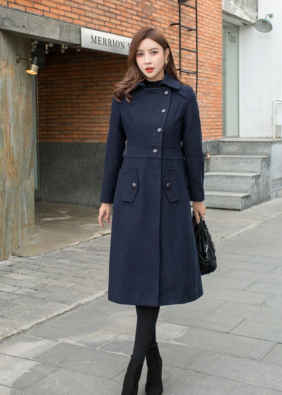 Navy Blue Winter Long Wool Coat Women Fit And Flare Ireland Long Wool Coat Women Fit And Flare, Winter Coat Navy Blue