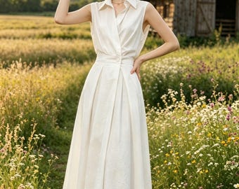 White Sleeveless Shirt Collar Midi Cotton Dress, Wrap Front A-Line Dress, Vintage Casual SummerDress, Cottagecore Dress, Ylistyle C5578