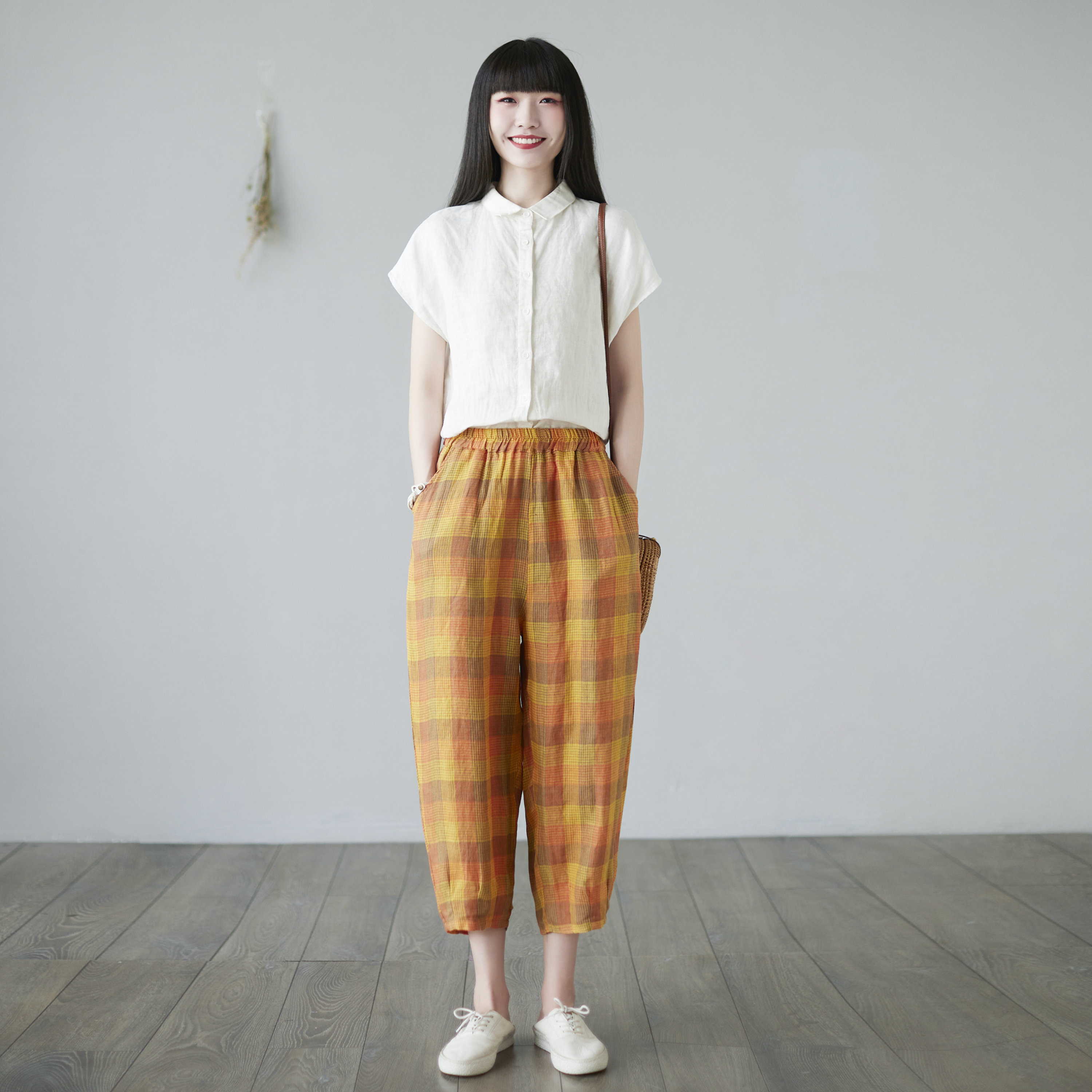 Yellow Plaid Pants Tapered Linen Pants Elastic Waist Pants Etsy UK