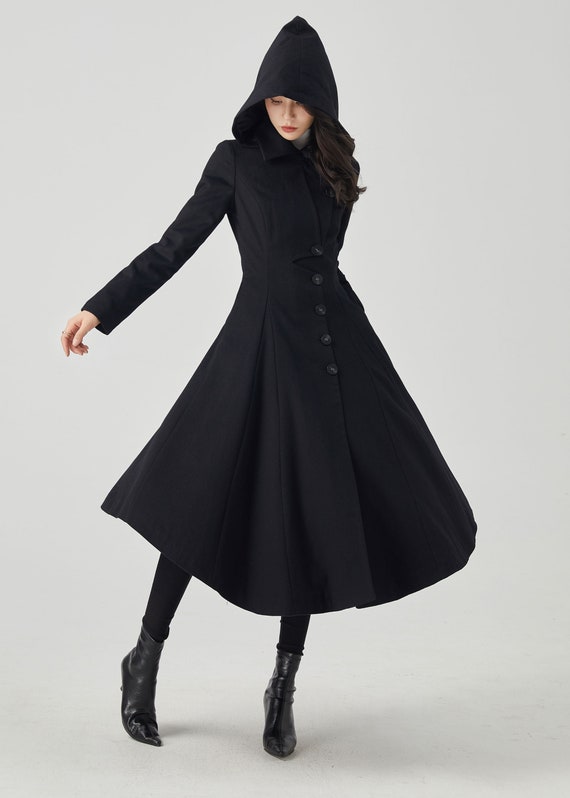 Military Coat, Hooded Coat, Wool Coat, Black Coat, Fitted Coat