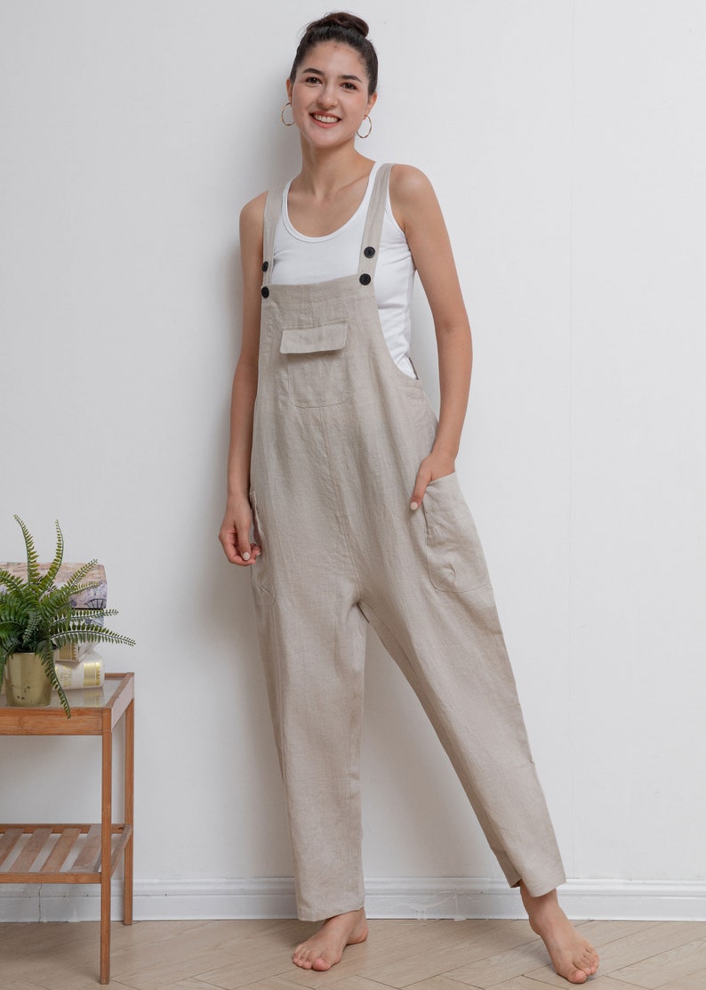 Casual Linen Overalls, Linen Jumpsuit Women, Wide Leg Linen Jumpsuits, Womens linen Romper, Linen Petite Jumpsuit, Overalls Summer C2946 image 2