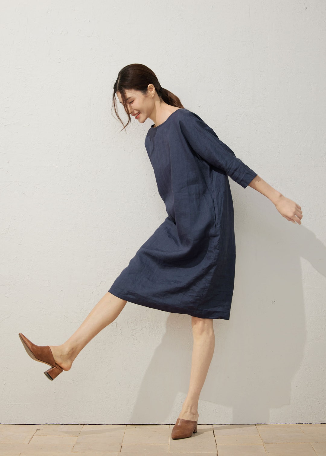 Casual Linen Dress, Linen Midi Dress, Navy Blue Linen Dress, Womens ...
