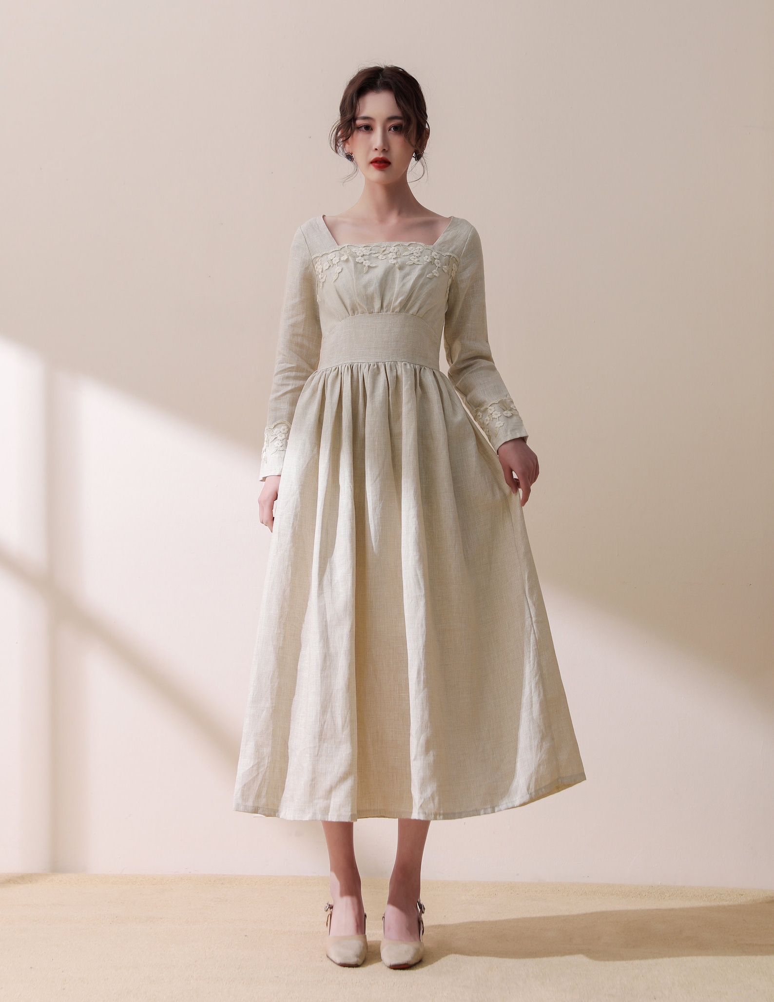 Retro style long dress linen cotton dress long sleeves layered dress