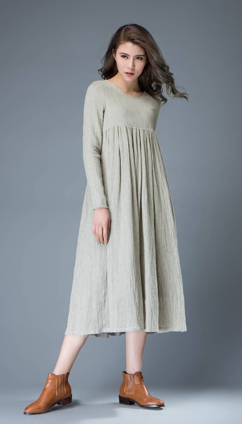 Casual Linen Dress, Light Gray Pleated Dress, Mid-length Long Sleeved Dress, High-Waisted Dress, spring dress wonen, Plus Size Dress C809 image 7