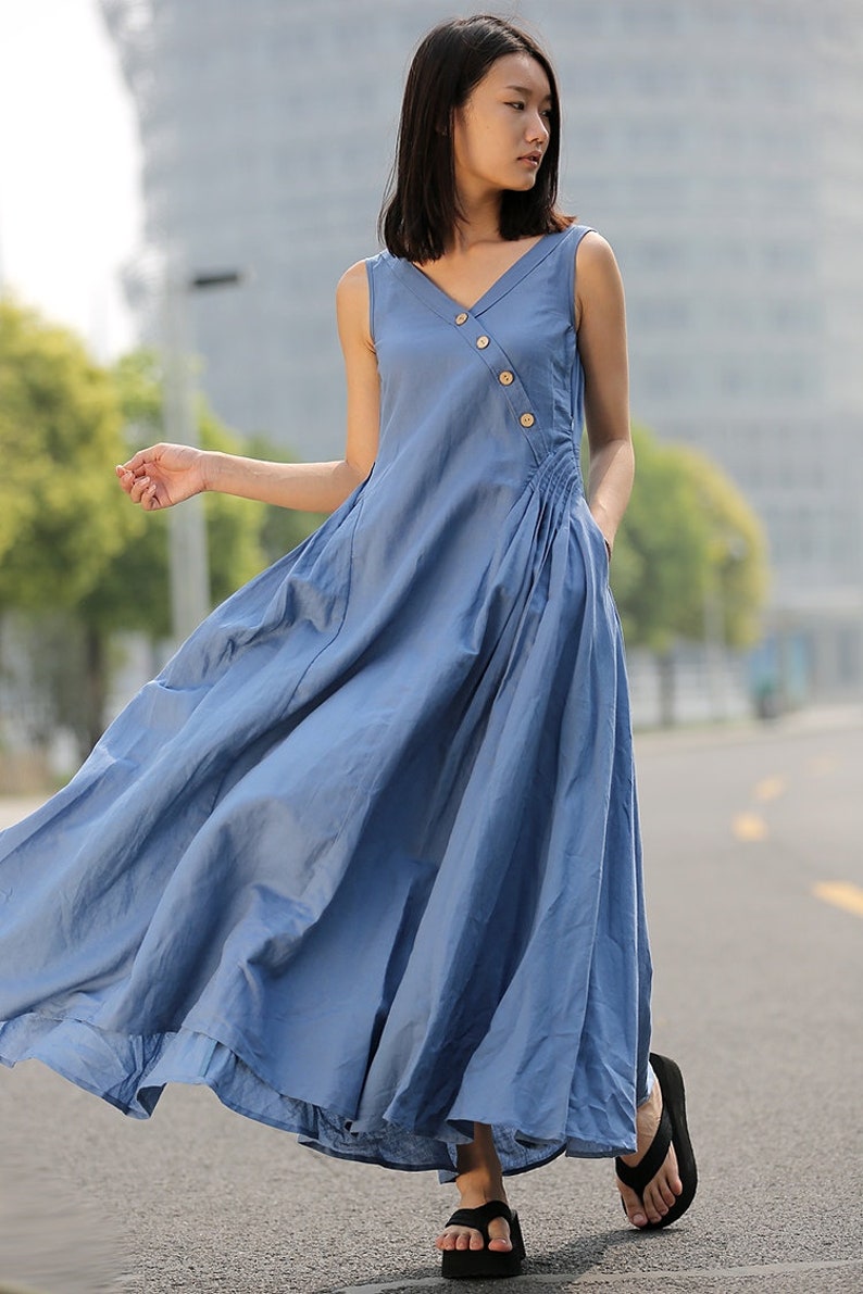Blue Linen Dress Maxi Casual Summer Dress Long Length  Etsy