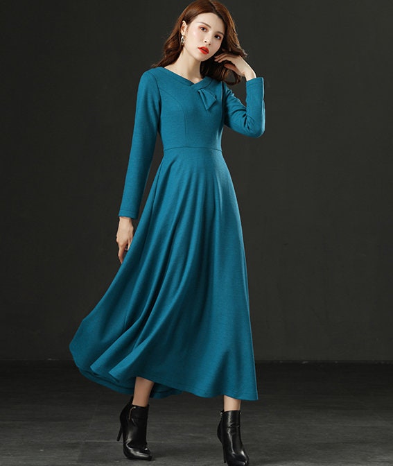 Vintage Wool Dress Lake Blue Wool Dress New Wool Maxi Dress - Etsy UK