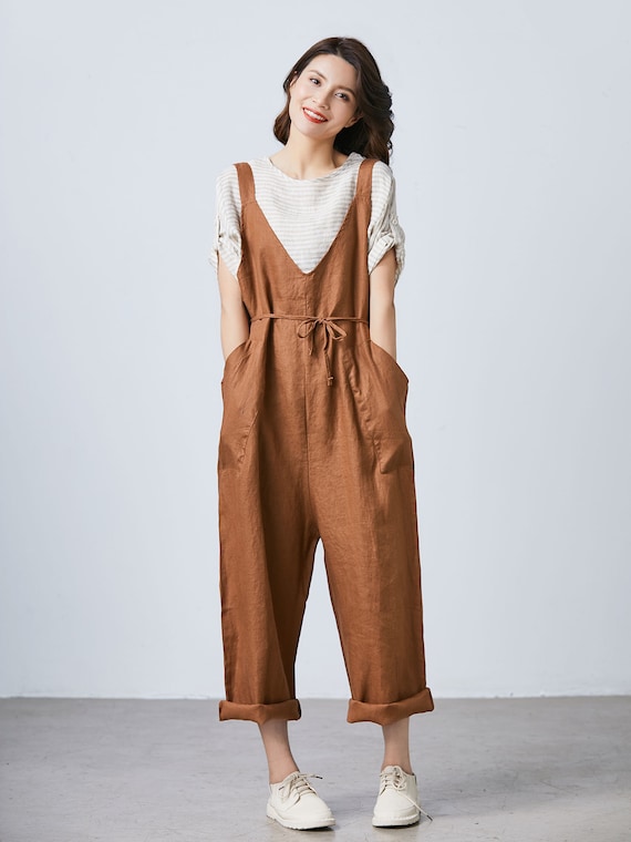 Baggy brown summer linen harem overalls women oversized | Etsy