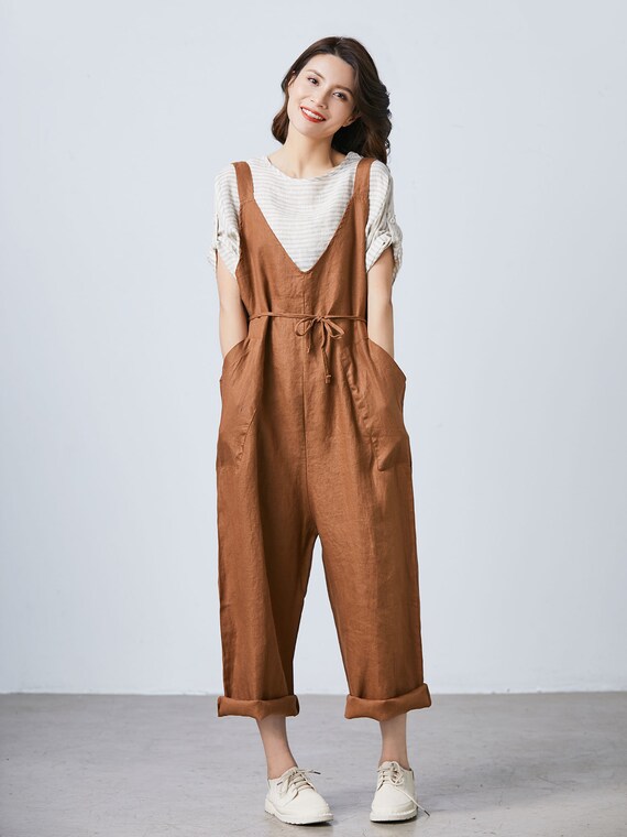 Baggy brown summer linen harem overalls women oversized Etsy