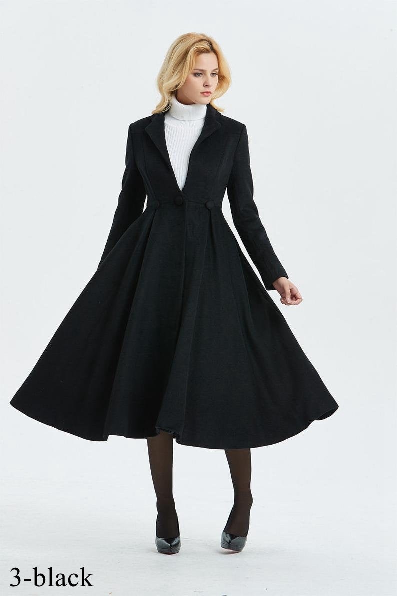 Long Wool Princess Coat, Swing wool Coat, Fit &Flare Coat, Women's Winter Wool Coat, Winter Wedding Coat, Retro Maxi wool Coat C996 2-Black