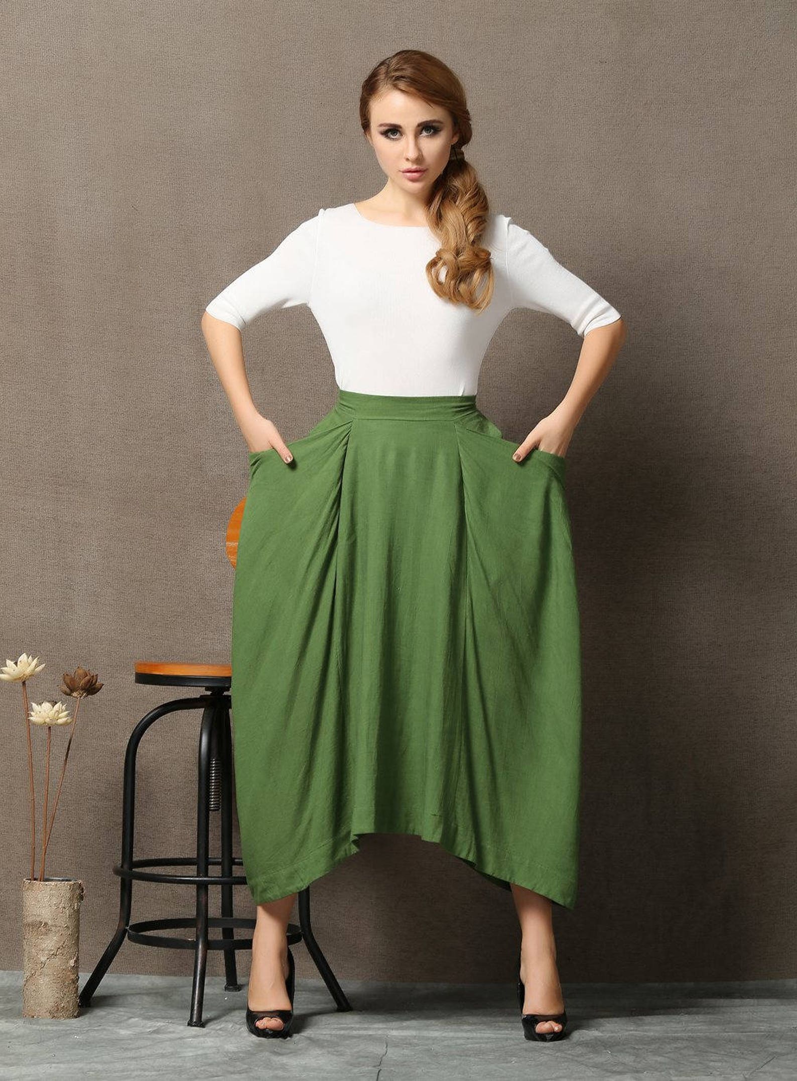 Moss Green Linen Skirt linen skirt Elasticated Waist skirt | Etsy