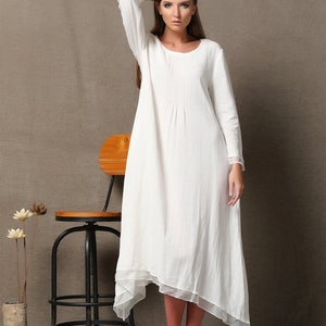 White Dress Women Lagenlook Layered Linen & Chiffon Relaxed-fit Long ...