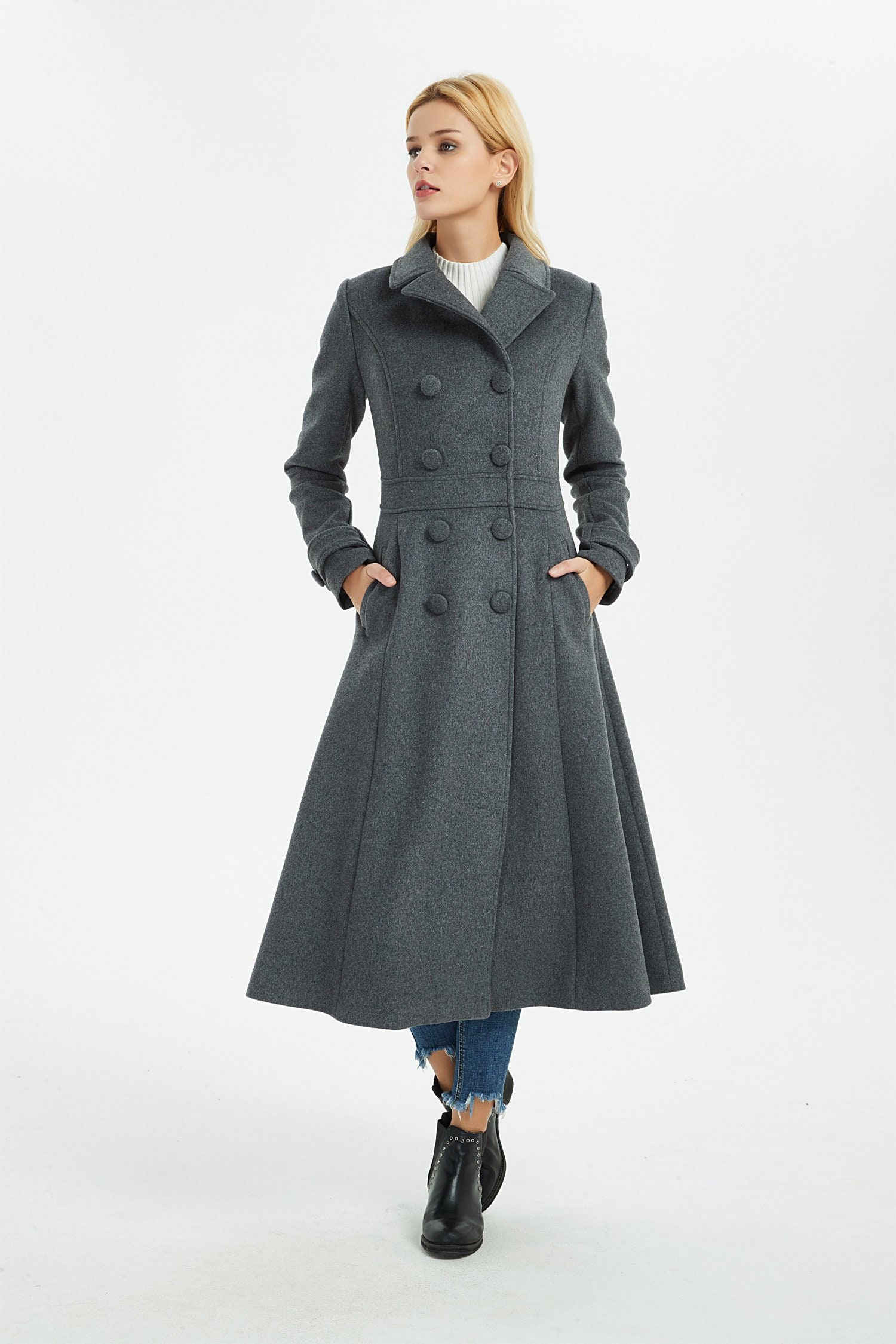 Long gray wool coat winter women coat fit and flare coat Long gray wool coat winter women coat fit and flare coat